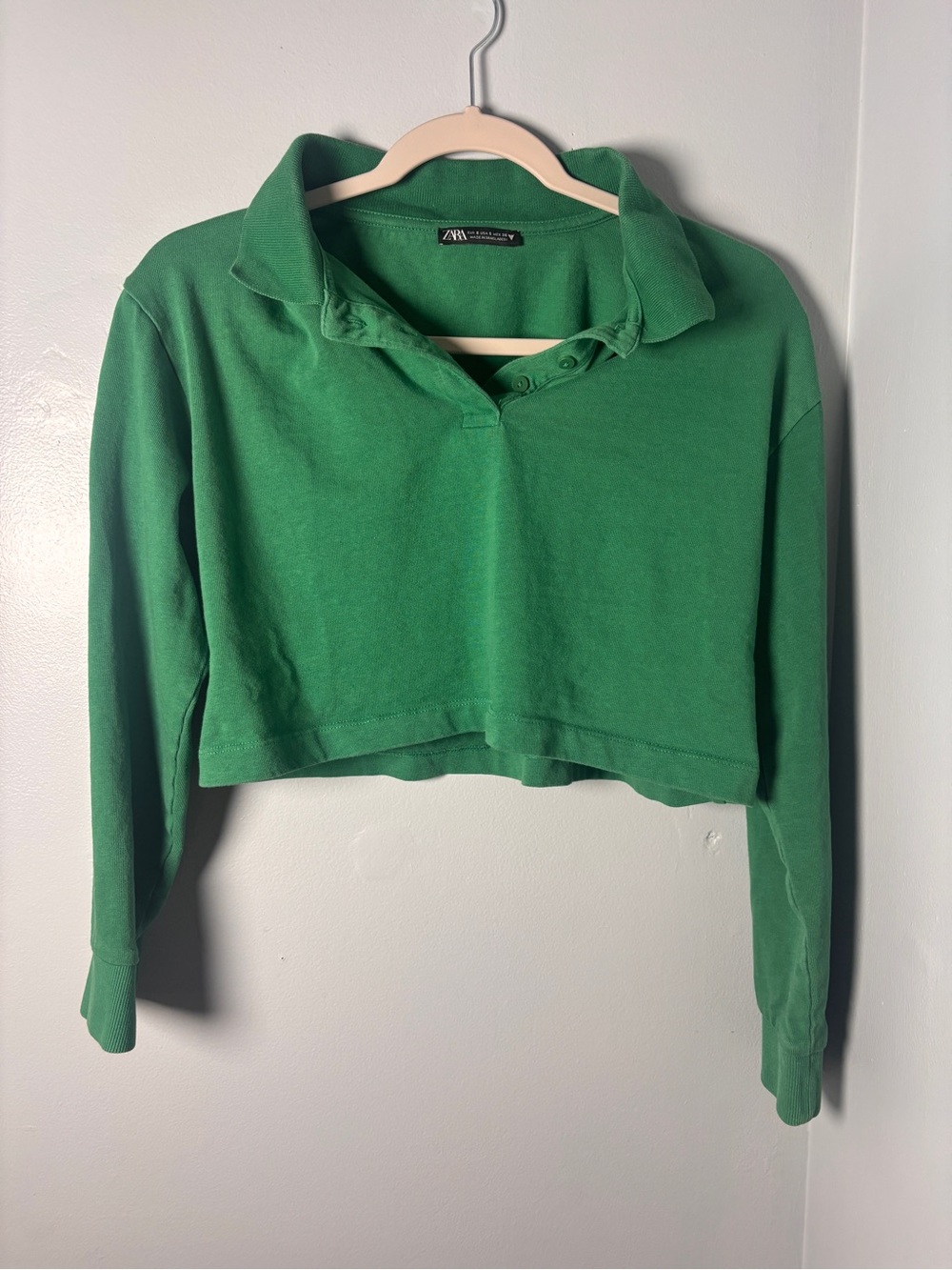 Zara green cropped long sleeve polo shirt size S